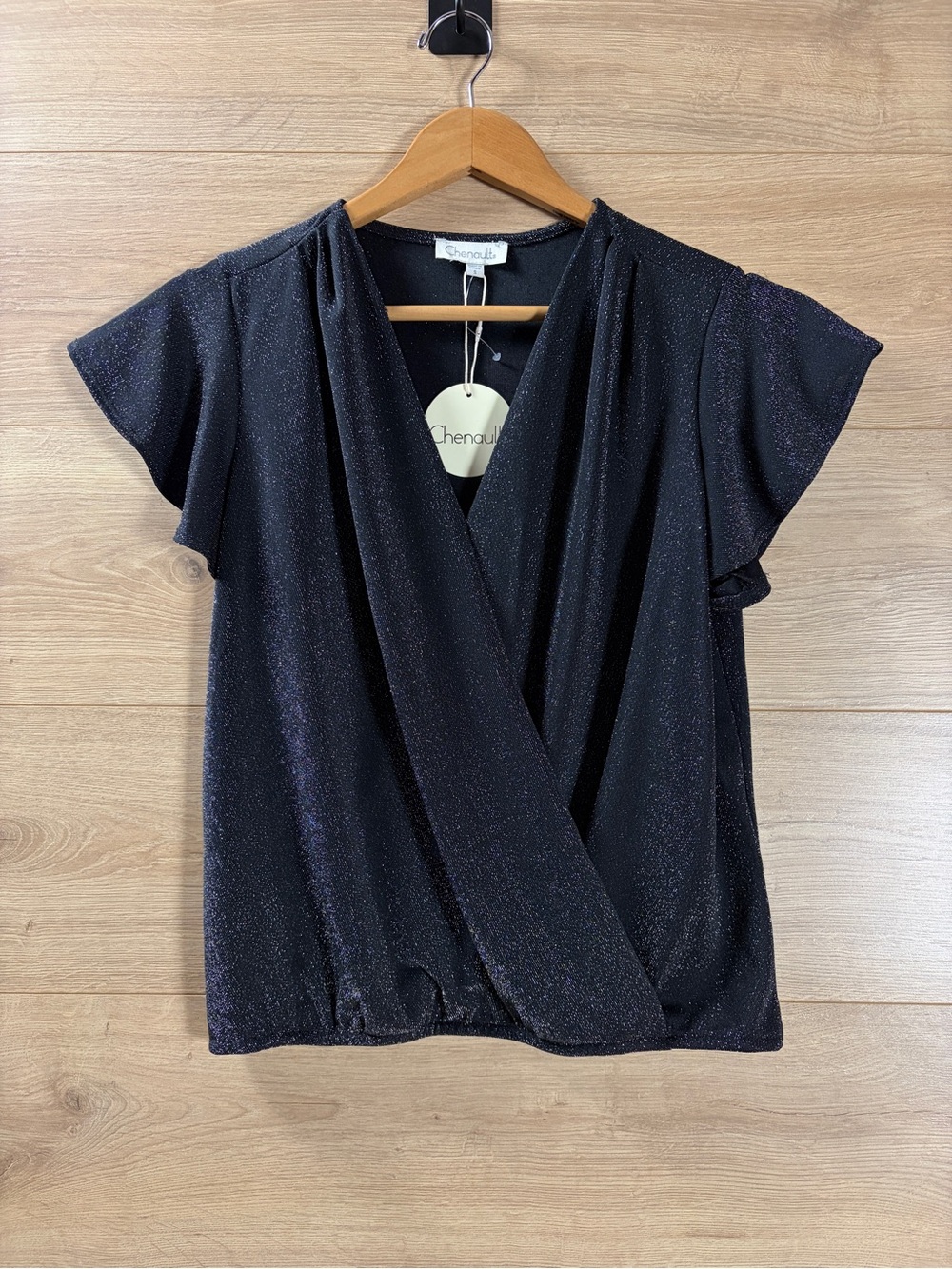 Chenault Black Shimmer Wrap-Front Blouse Small